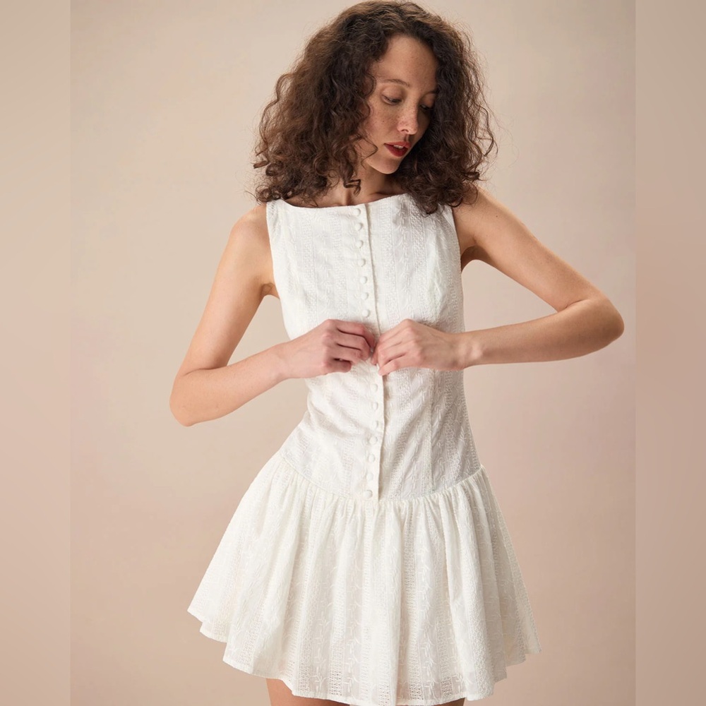 Rihoas White Boat Neck Jacquard Cotton Mini Dress